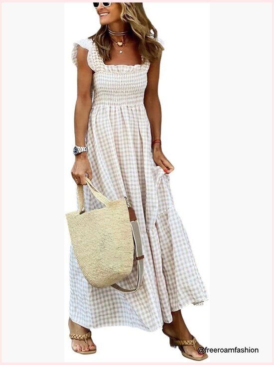 Dresses & Skirts - Retro Plaid Smocked Dress Spaghetti Strap Flounce Long Dress